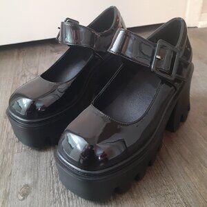 Women's Black Leather Platform Wedge Heel Mary Jane Shoes